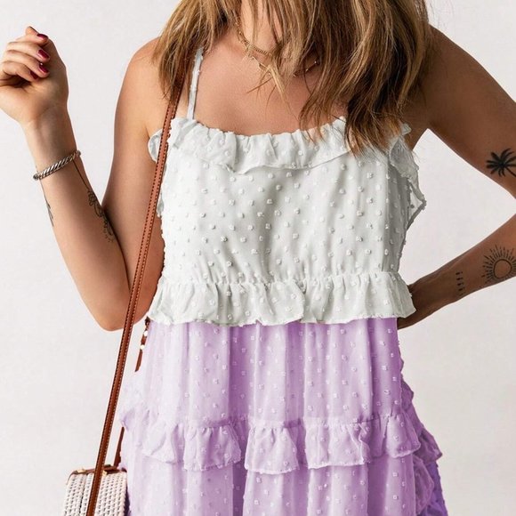 Multicolor Boho Womens Swiss Dot Ruffle Trim Layered Hem Cami Dress - Picture 5 of 5